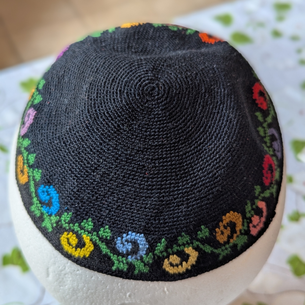 Floral Embroidered Black Kippah
